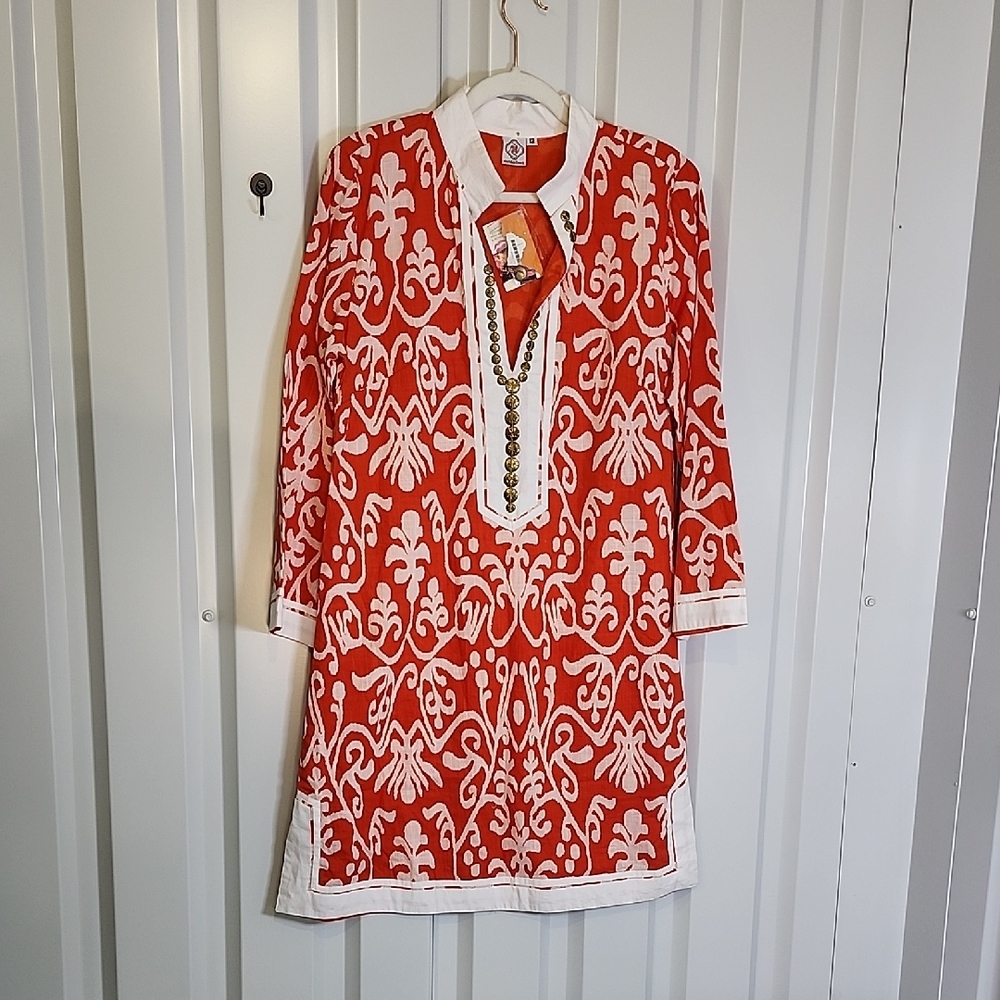 Sheridan French Orange and White Ikat Patterned Cotton Tunic Dress Sz 12 NWT